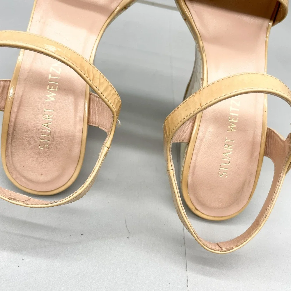 Stuart Weitzman Womens 8M Single Sky Cork Wedge Tan Patent Leather Heels Boho - Picture 11 of 12